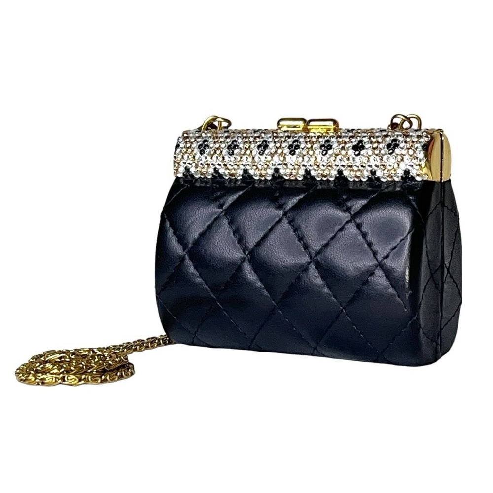 90s Beaded Rhinestone Clasp Quilted Black Leather Mini Bag Purse Chain Strap - Picture 4 of 16